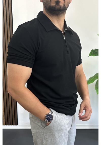 Erkek Yakası Ve Kolu Nakış Detaylı Polo Yaka Fermuarlı Tişört Siyah Edw392 Siyah