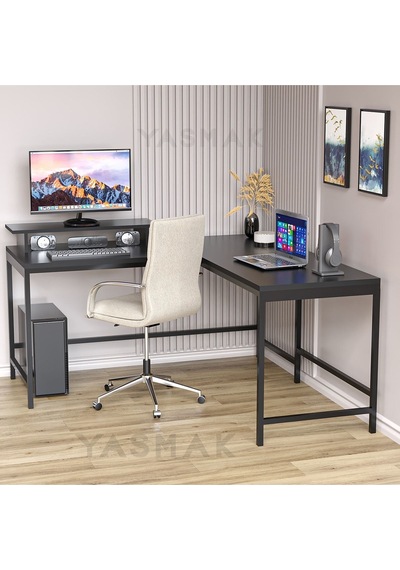 Siyah L Tipi Çalışma Oyun Masası 270s Dıştan Dışa 150x150 Ölçüsünde Siyah