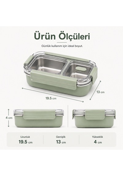 2 Bölmeli Termos Yemek Kabı Sızdırmaz Kapaklı, Paslanmaz Çelik İç Hazneli, 850 Ml - Yeşil