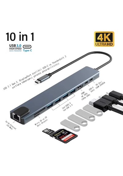 Cr20 10in1 Mac-book Thunderbolt 3 Uyumlu Adaptör Çevirici Hub Type-c'den 4k30hz Hdmı, Usb 3.0, Type-c Pd 100w 20v 5a Hızlı Şarj, Type-c 3.1 Data Port, Sd Ve Micro Sd Kart Okuyucu Rj45 100mbps