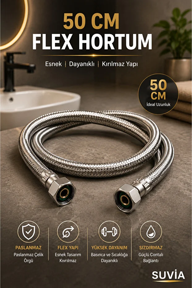 Taharet Musluğu 2'li Set Siyah 2 Adet 50 Cm Flex Hortum Ayna On Off Sızdırmaz