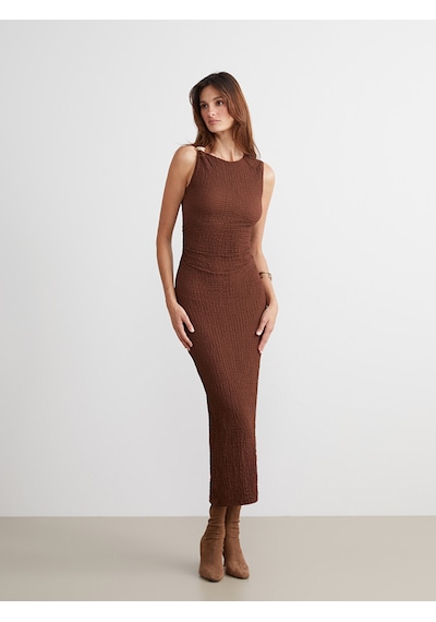 Lcw Vision Kahverengi Bisiklet Yaka Büzgülü Bodycon Elbise