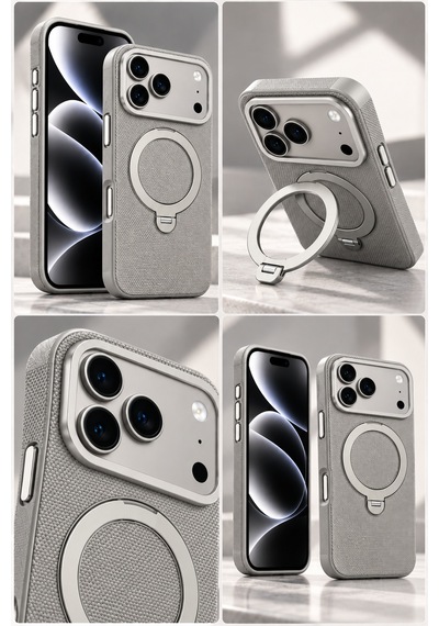 İphone 17 Pro 360 Döner Manyetik Halkalı Standlı Magsafe Uyumlu Telefon Kılıfı - Gri-15093
