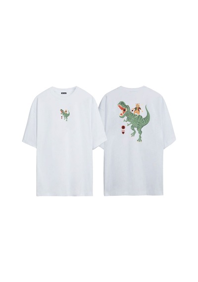 Thewert Unisex Dinazor Ve Cat Ön Arka Baskılı Beyaz Oversize T-shirt