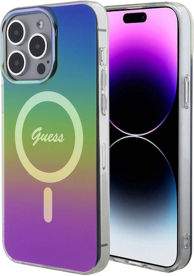 Apple Uyumlu iPhone 15 Pro Kılıf Guess Lisanslı Magsafe Şarj Özellikli Yazı Logo Iridescent Siyah
