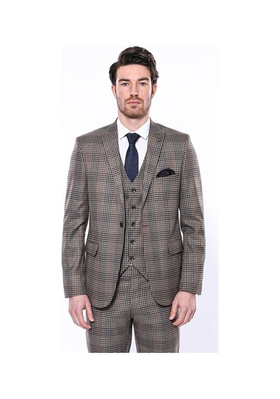Wessi Kare Desenli Slim Fit Kahverengi Erkek Ceket 001