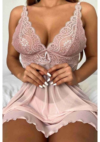 Gizotti Şık Tül Dantel Gecelik Babydoll Takım Pembe S Pembe
