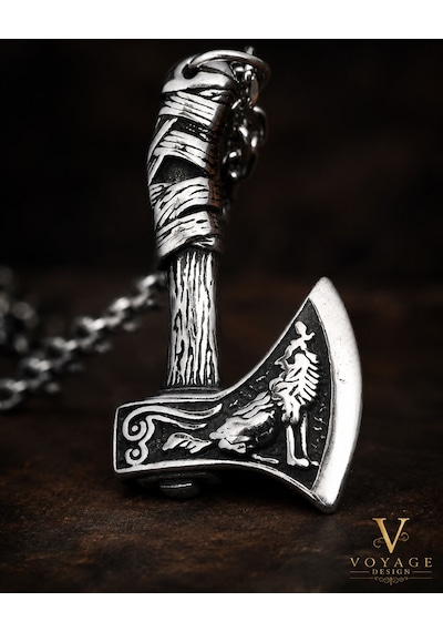 Paslanmaz Çelik Iskandinav Norse Gotik Tarz Viking Balta Erkek Kolye Antik Gümüş