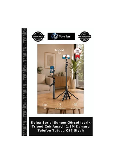 Delux Serisi Sunum Görsel İçerik Tripod Çok Amaçlı 1.6m Kamera Telefon Tutucu C17 Siyah