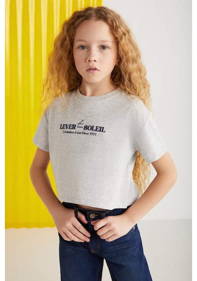 Grımelange Agate-grm24025 100% Pamuk Baskılı Kısa Kollu Kız Çocuk T-shirt Grimelanj T-shirt Gri Melanj