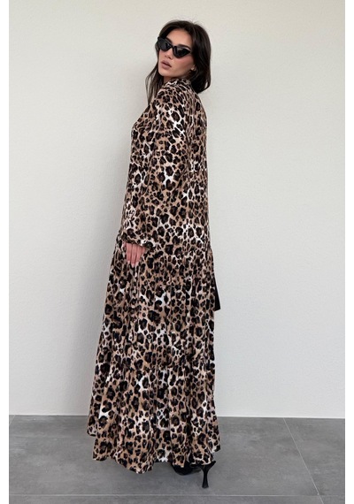 Madmext Kahverengi Leopar Desenli Düğmeli Kadın Elbise Mg2399 Kahverengi