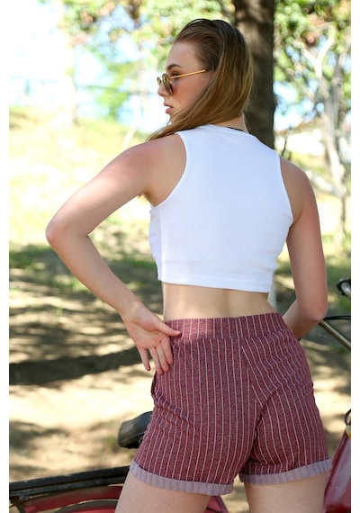 İbrahim Burak Etiler Collectıon Moda Çizgi Şort Crop Bordo Takım 26550