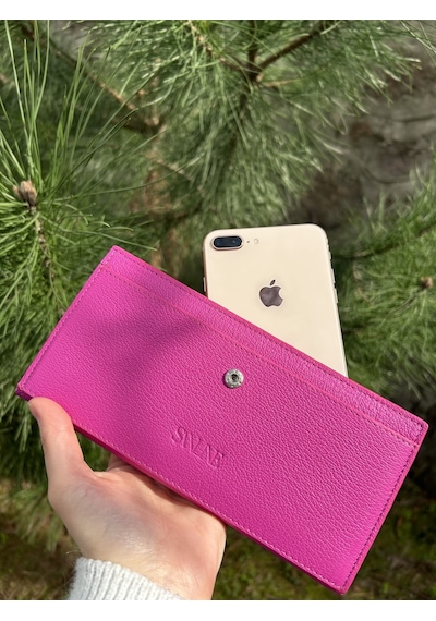 Sanline Sanlıne Hakiki Deri Telefon Bölmeli Kadın Cüzdan - El Portföyü Fuşya
