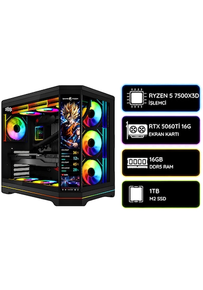 Ramtech Bilgisayar RMT-N11F-07 R5-7500X3D RTX 5060Ti 16G 16 GB 1 TB SSD Free Dos Masaüstü Oyuncu Bilgisayarı