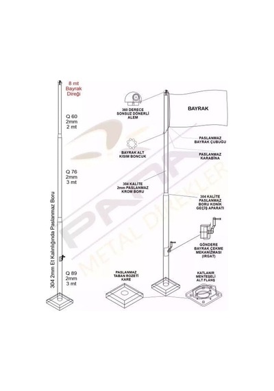 8 Metre İnox 304 Kalite Paslanmaz Krom Çelik Profesyonel Bayrak Direği Standart