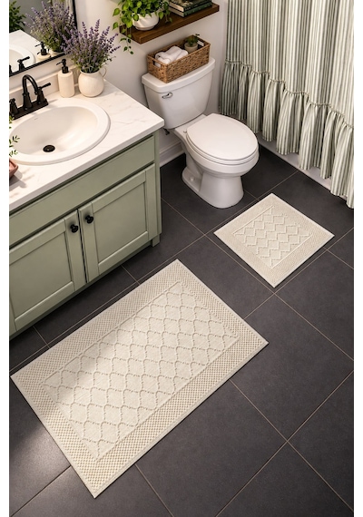 Sakura Sk017a Doğal Pamuk 2'li Banyo Paspas Seti 60x100 60x50cm Kaymaz Taban Makinada Yıkanabilir Kemik