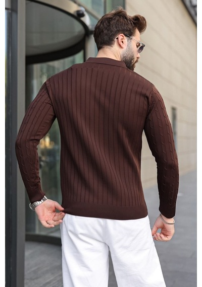 Madmext Kahverengi Polo Yaka Saç Örgü Desenli Erkek Triko Kazak E7519