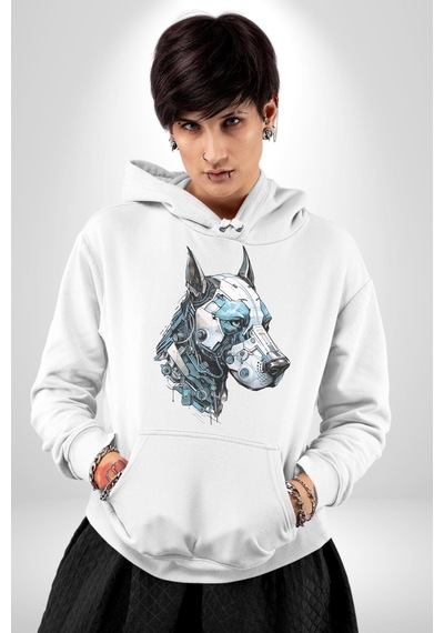 Robot Cyborg Köpek Doberman Kadın Erkek Beyaz Kapüşonlu Sweatshirt Hoodie Beyaz