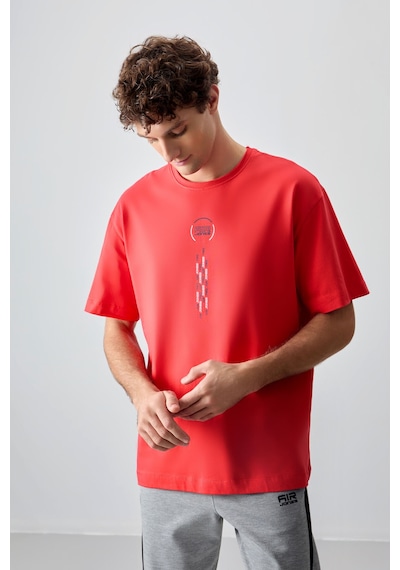 Air Jones Tommy Life Fiesta %100 Pamuk Kalın Yumuşak Dokulu Oversize Fit Baskılı Erkek T-shirt - 88355 Kirmizi