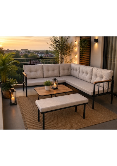 Riva Metal Bahçe Balkon Köşe Takımı Siyah Boyalı İskelet Keten Kumaş Süngerli 180x120 Cm Cappuccino Riva Metal Bahçe Balkon Köşe Takımı Siyah Boyalı İskelet Keten Kumaş Süngerli 180x120 Cm Cappuccino