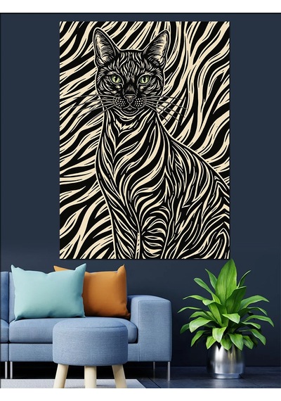 Ahşap Tablo Zebra Desenli Sanatsal Kedi Portresi