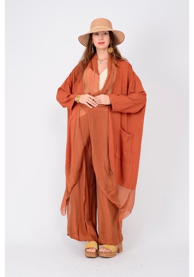 Bohem Stil Italyan Ipek Detaylı Oversize Kap Bluz- Wes Pantolon Takım-8789 Kiremit