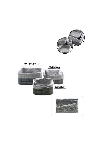 İbico İ22-328 Bambu Kenarlı Kare Organizer Sepet 3'lü Set - Gri Bezli Ahşap Altlıklı