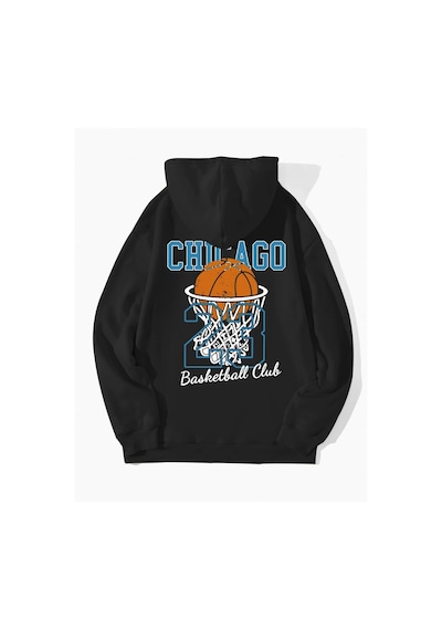 Tarzsokak Unisex Chicago76 Baskılı Oversize Kapüşonlu Sweatshirt Siyah