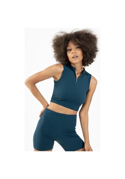 Maraton Active Slimfit Kadın Balıkçı Yaka Kolsuz Koşu Turkuaz Crop Top 22257 Turkuaz