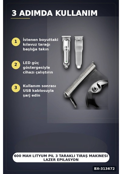 600 Mah Lityum Pil 3 Taraklı Tıraş Makinesi Lazer Epilasyon Öncesi Kısaltma Bx-313672