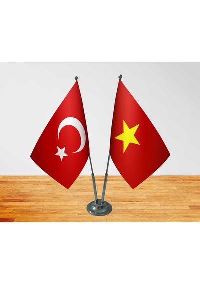 Masa Üstü Vietnam Bayrağı Türk Bayrağı İkili Krom Direk Masa Bayr