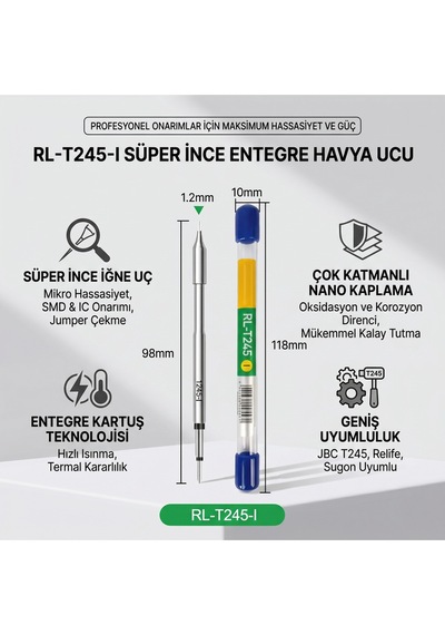 Rl-t245-ı Süper İnce İğne Tip Entegre Havya Ucu T245 Profesyonel Mikro Lehimleme Kartuş Ucu