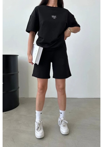 Ugly Baskılı Siyah Şort T-shirt Takım Oversize Bisiklet Yaka Tişört Takım Unisex Siyah