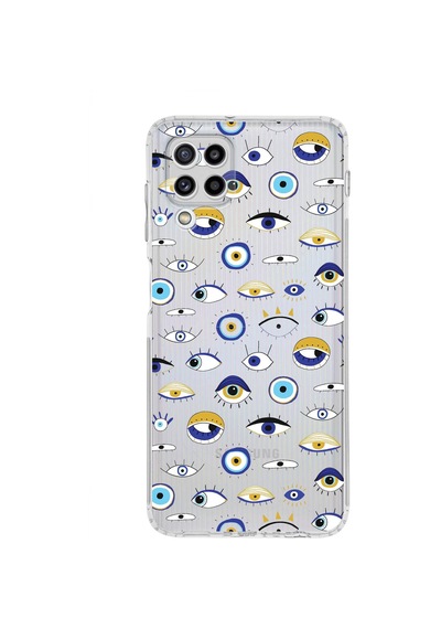 Samsung Galaxy M32 İle Uyumlu Nazar Boncuğu 2 Baskılı Kamera Korumalı Şeffaf Silikon Kılıf Şeffaf