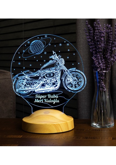 Babalar Günü Hediyesi, Süper Baba, Chopper Motorsiklet, Motor Hayranı Babaya Hediye 3 Boyutlu, 3D Led Lamba