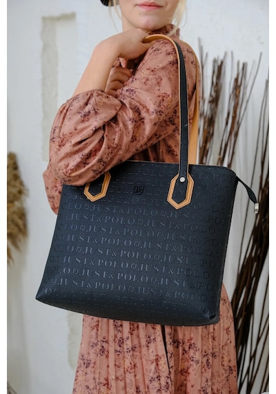 Just Polo Kadın Gofraj Baskılı Büyük Boy El Çantası 4028 Siyah - Camel 09084110