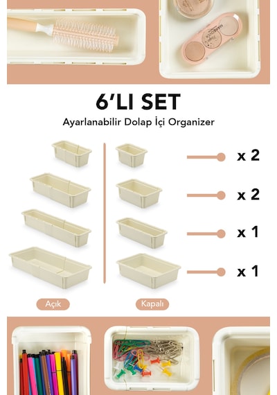6'lı Uzayan Dolap İçi Düzenleyici - Çok Amaçlı Banyo Mutfak Ofis Çekmece İçi Organizer Set Krem