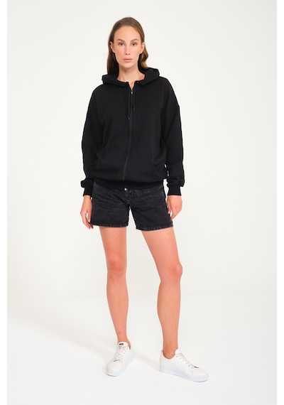 Harmandar Baskısız Unisex Siyah Cepli Kapüşonlu Fermuarlı Sweatshirt Hırka Siyah