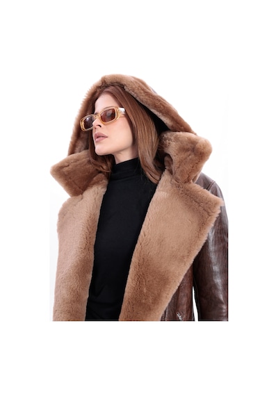 M M Marki Marki Kadın Hakiki Deri Kaban, İçi Hakiki Kürklü, Çıkarılabilir Kapüşonlu, Kemerli Kaban, Koyu Kahverengi
