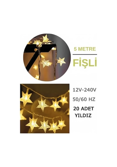 Dekoratif Yıldız Led Işık Zinciri 5 Metre 28 Led Prizli Gün Işığı Fişli Yılbaşı Aydınlatması Sarı