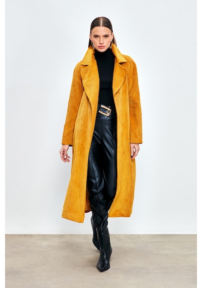 Sateen Uzun Kadife Trençkot - Camel-134017 Camel