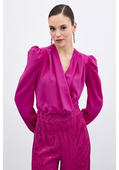 Sateen Kruvaze Vatkalı Bodysuit - Fuşya