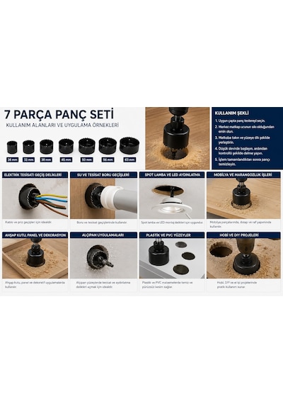 7 Parça Panç Seti, Ahşap, Alçıpan, Plastik İçin, 26-32-38-45-50-56-63 Mm Çap, Hassas Delme