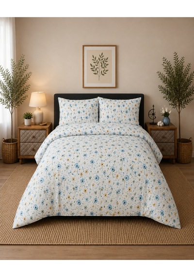 Çift Kişilik Nevresim Takımı %100 Pamuk 200x220 Lastikli Çarşaflı 160x200 Sarı - Mavi