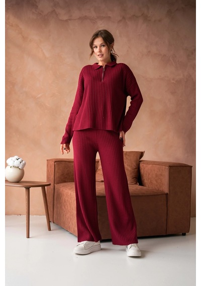 Park Karon Kadın Bordo Polo Yaka Oversize Kazak Pantolon Triko Alt-üst Takım 10955 Bordo