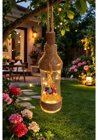 2 Li Rustik Şişe Led Balkon Bahçe Süsü Jüt Halatlı Dekoratif Askılı Şişe Fener Duvar Süsü