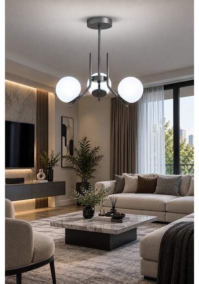 Aura Modern Tasarımlı 3'lü Gri Renkli Beyaz Camlı Salon, Mutfak, Oturma Odası Avizesi