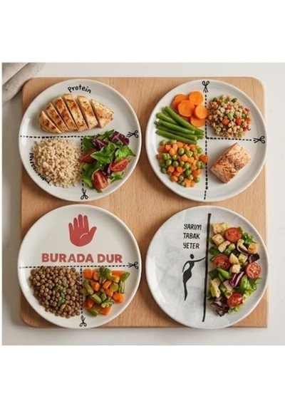 4&apos Lü Seramik Tabak Seti, Porsiyon Kontrol Tasarımlı, Protein Ve Sebze Bölmeli, Diyet Dostu Açık