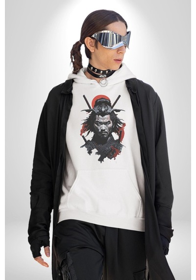 Asyalı Japon Samuray Savaşcı Kadın Erkek Beyaz Kapüşonlu Sweatshirt Hoodie Beyaz