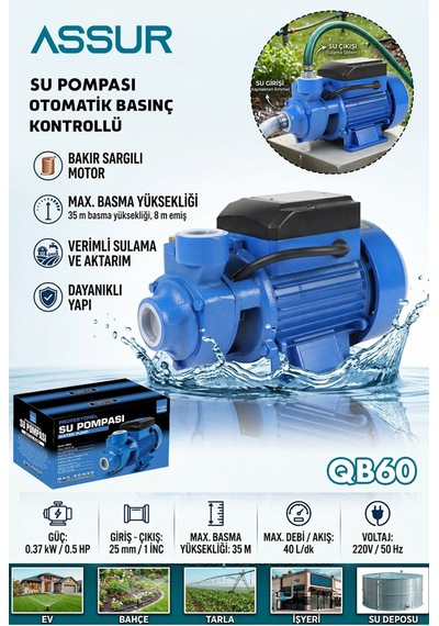 Assur Qb60 35m Basınç Yüksekliği 1 Hp Bakır Sargı Elektrikli Santrifüj Pompa Su Motoru-3153
